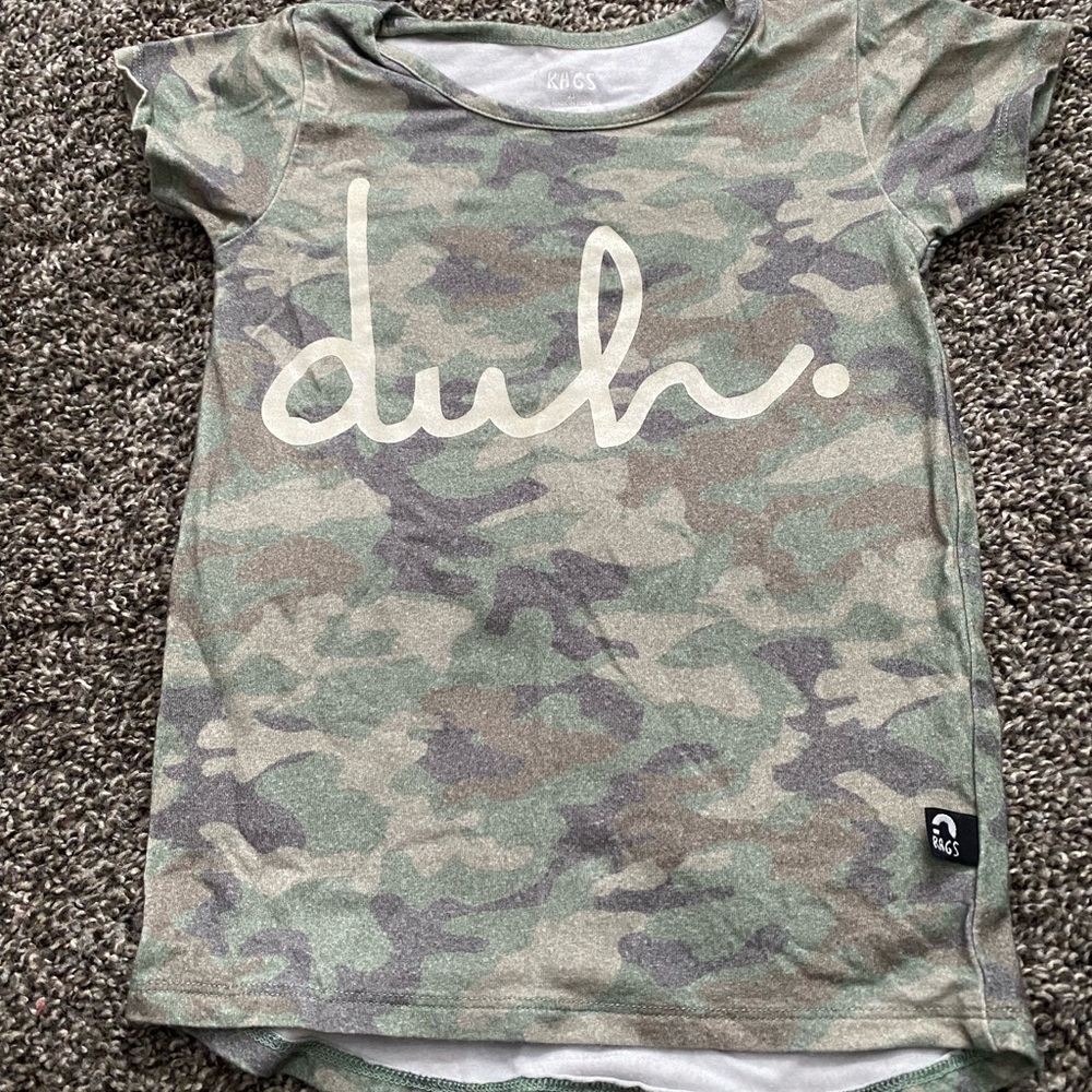 Rags to Raches Camo Tee with 'duh.' Print